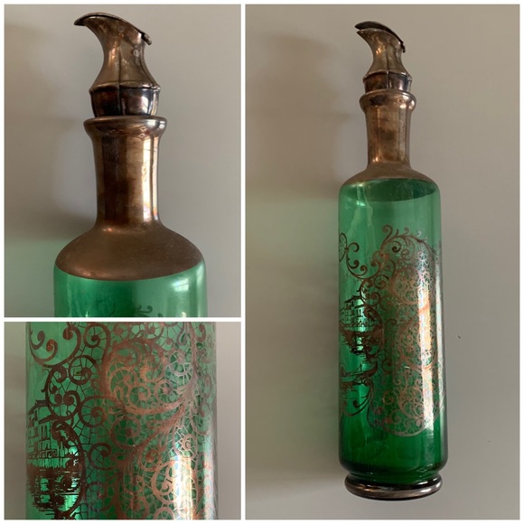 Vintage Kitchen Vintage Emerald Green Oil Bottle With Silver Base